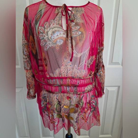 Johnny Was Biya Feather Lark Mesh Blouse Pink Floral Paisley Size L - Picture 3 of 13